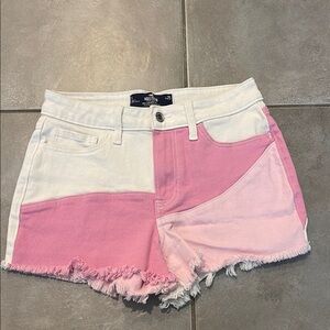 Hollister Pink and White Jean Shorts with Frayed Hem